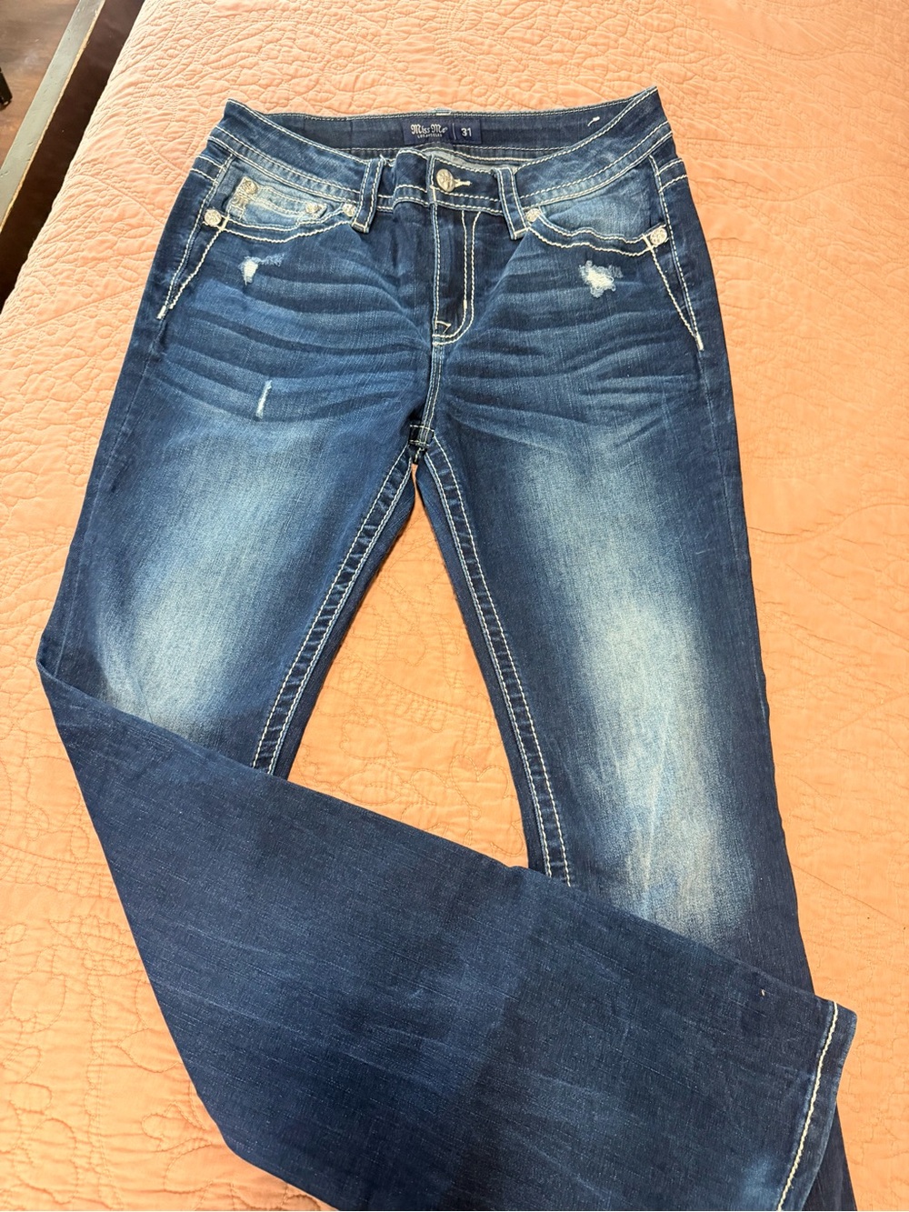 Miss Me Dark Blue Bootcut Jeans with Faded Whiskering